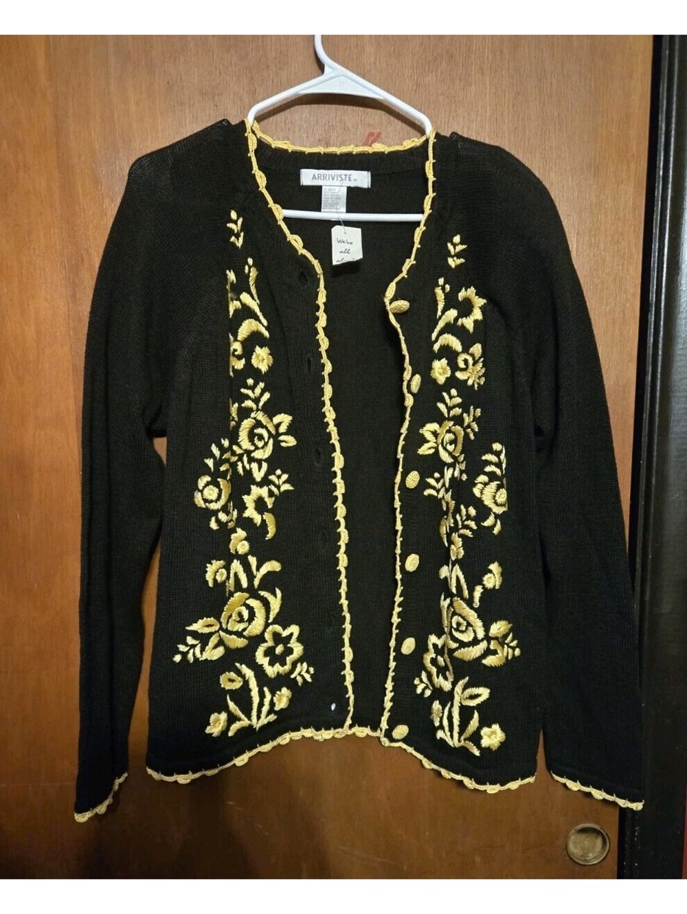 Arriviste Vintage Embroidered Floral Cardigan Sweater Black Gold Grandma Chic M